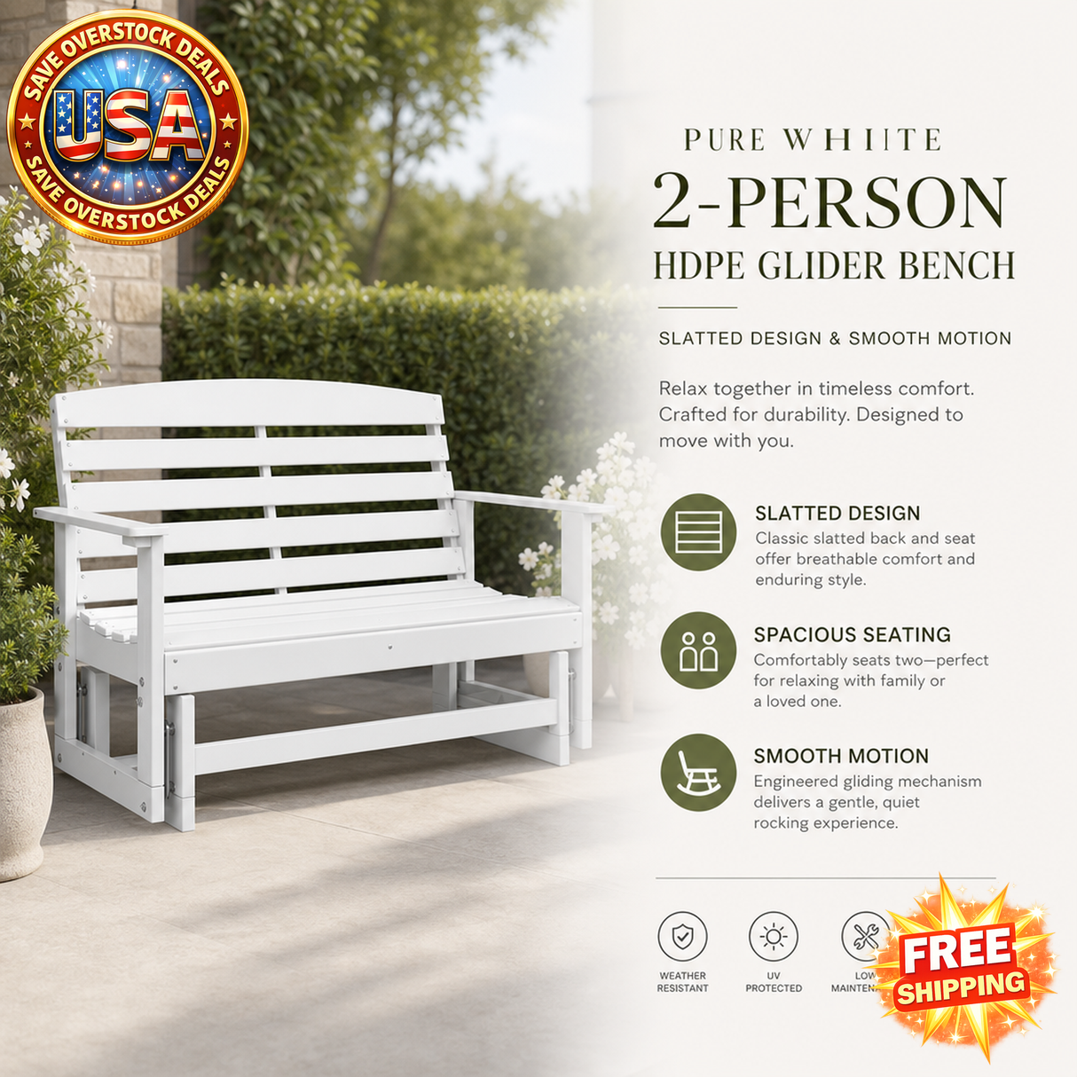 2-Person Glider Bench with Slatted Design in White