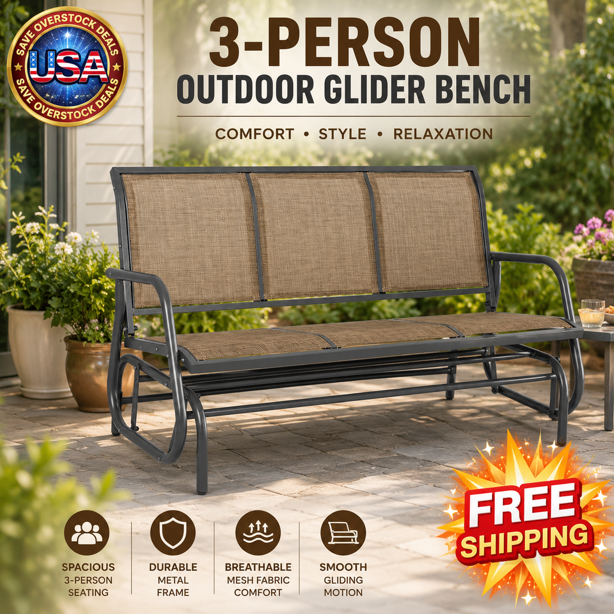 3-Person Outdoor Patio Glider Bench with Metal Frame