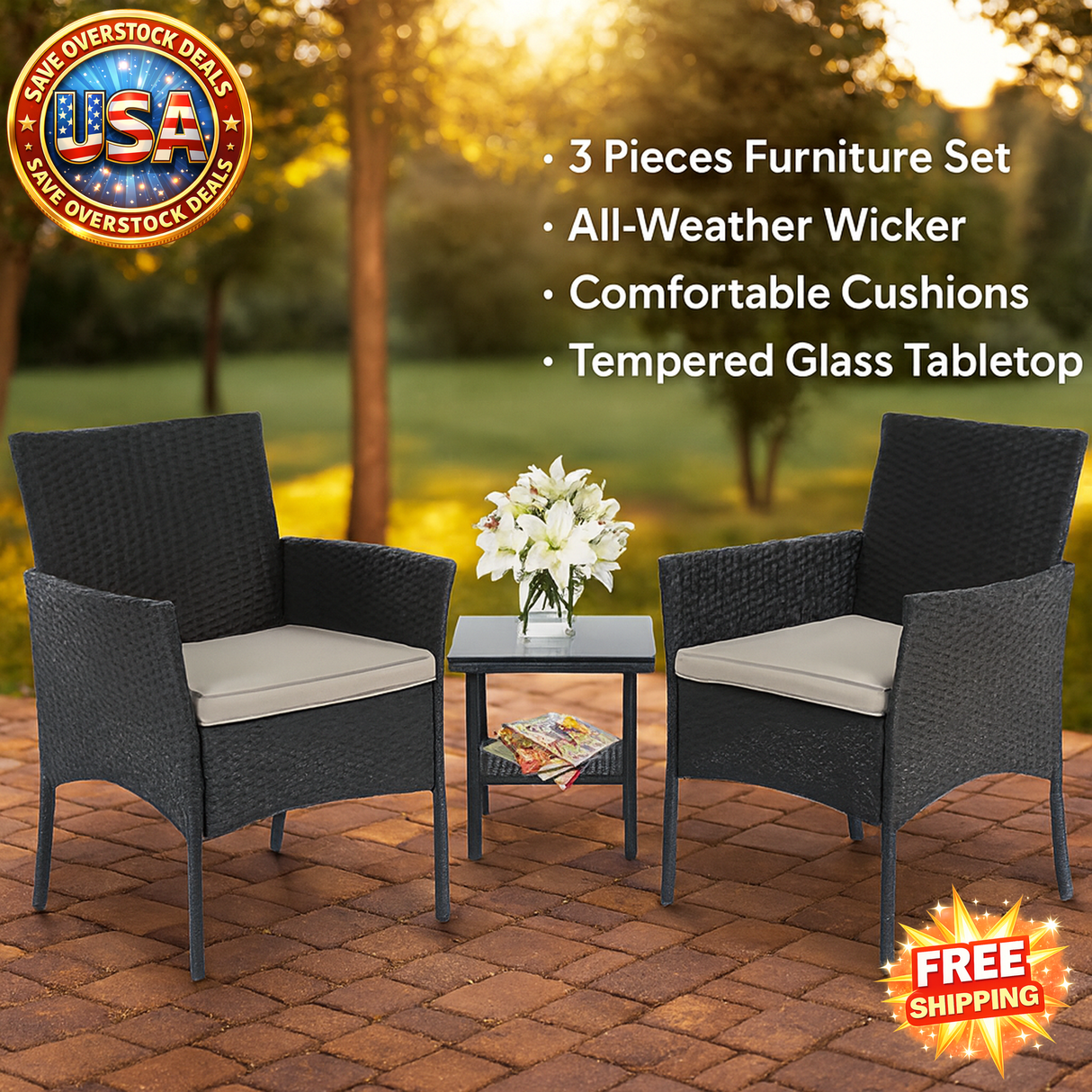 Outdoor Wicker Patio Furniture Set with Cushions, Black