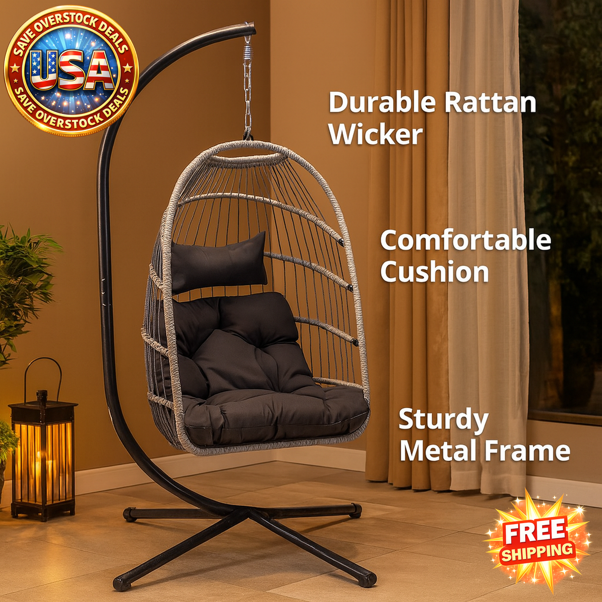 Hanging Egg Chair with Stand - Rattan Wicker Swing Chair