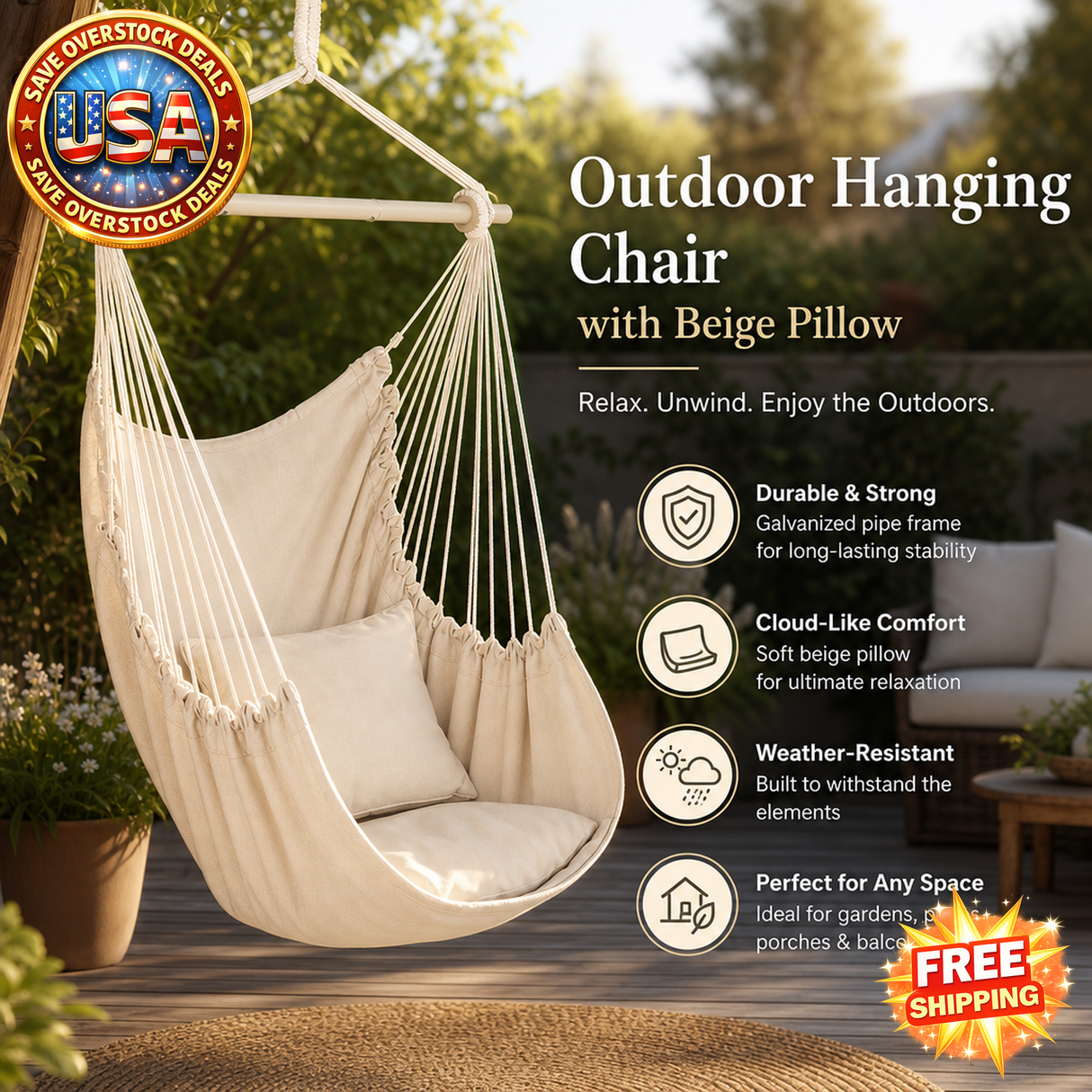 Outdoor Hanging Chair with Beige Pillow for Relaxation
