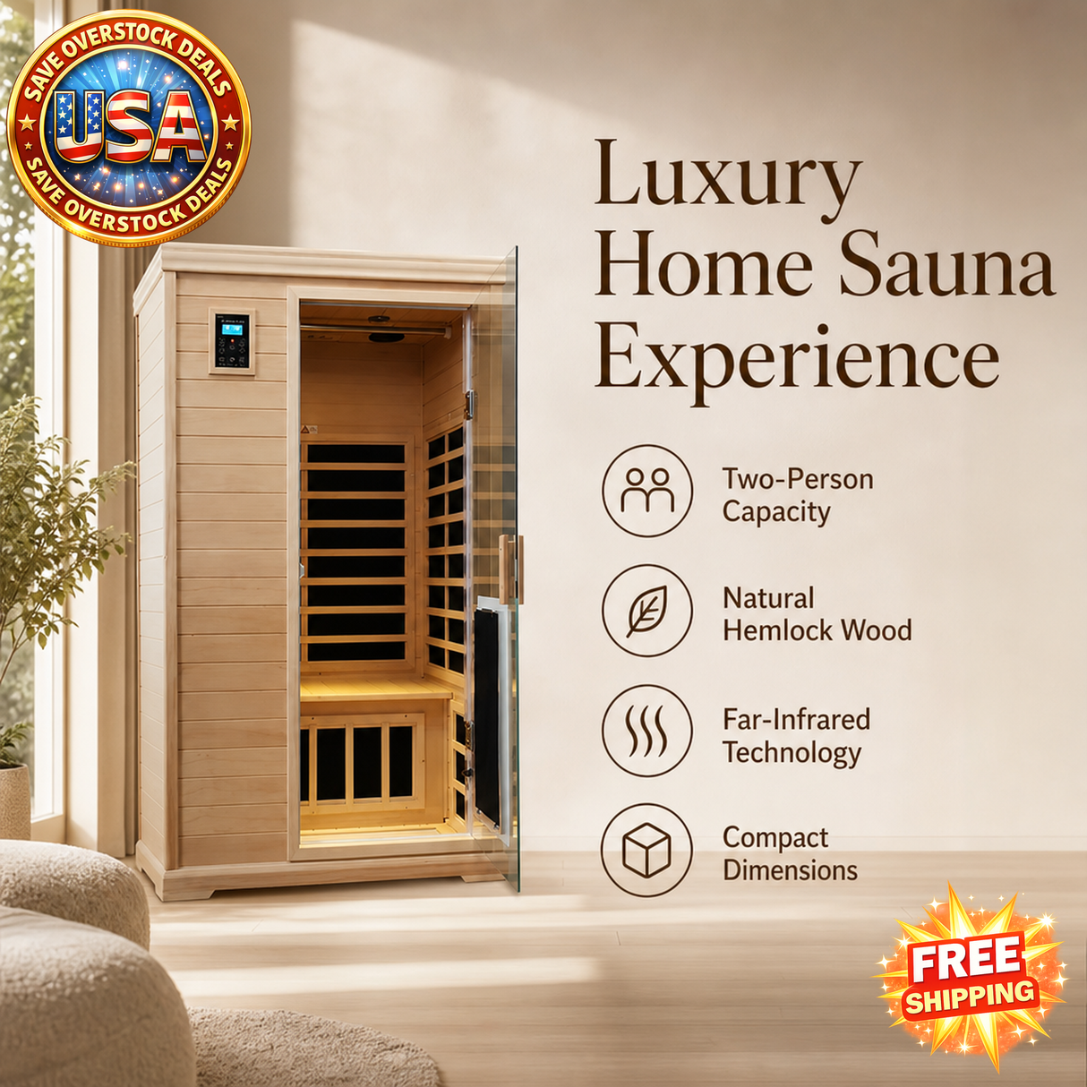 Two-Person Hemlock Indoor Sauna Room with Bluetooth Audio