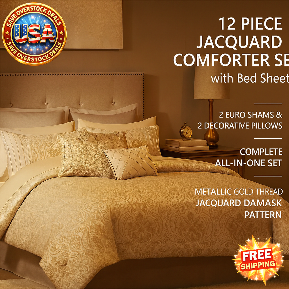 12 Piece Jacquard Comforter Cozy Bed Sheet Set with Gold Damask Design