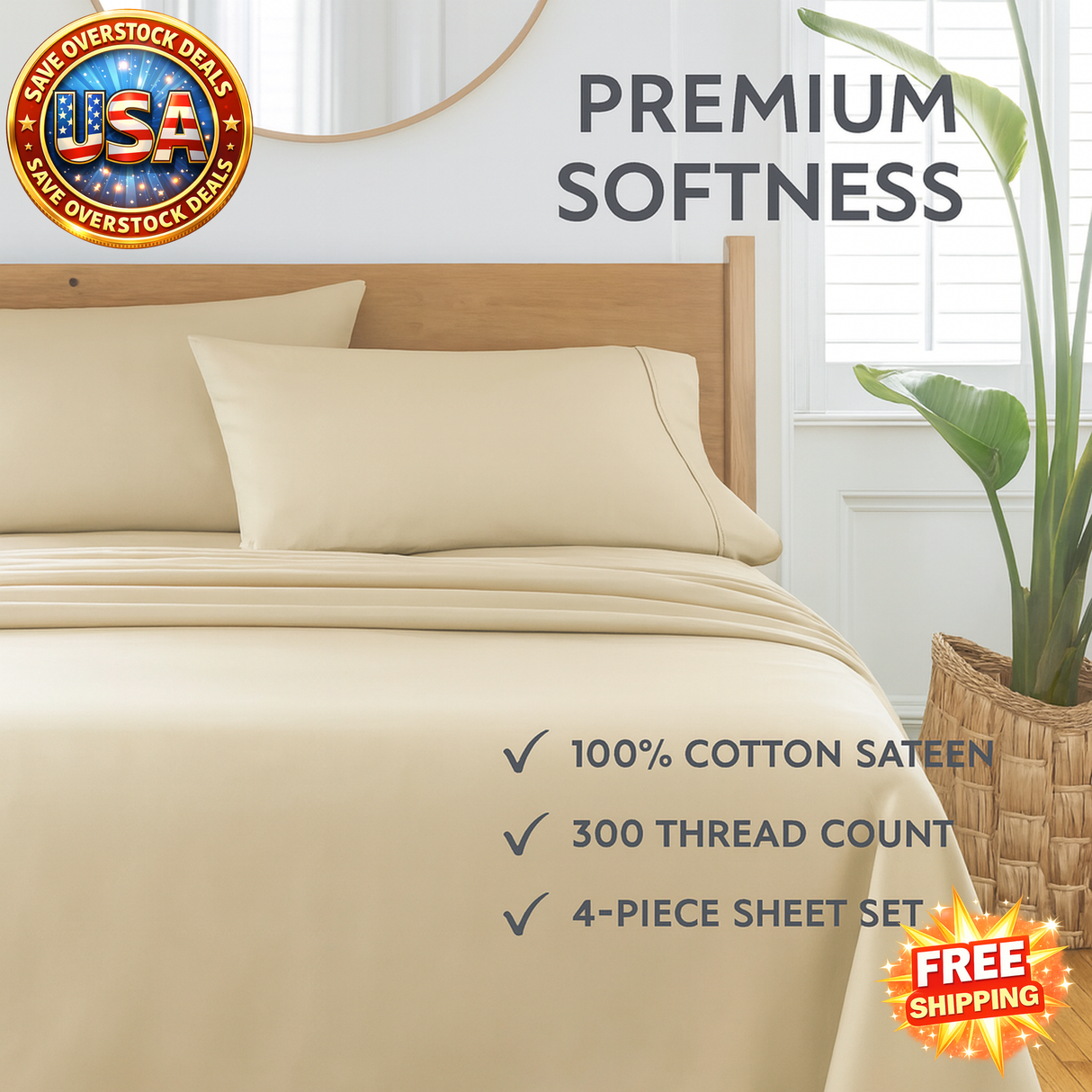 300 Thread Count Almond Biscuit Cotton Sateen Bed Sheet Set