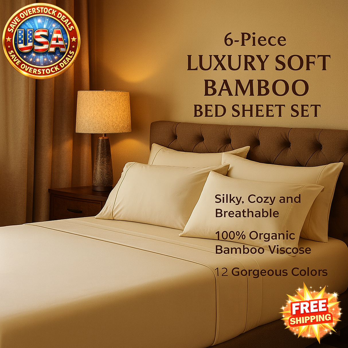 Luxury Bamboo Bed Sheet Set - 6 Pieces, 12 Colors