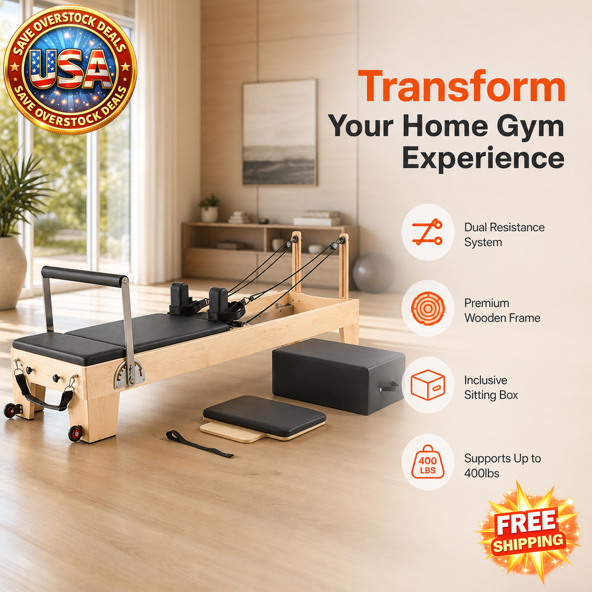 Wooden Pilates Reformer Machine with Dual Resistance