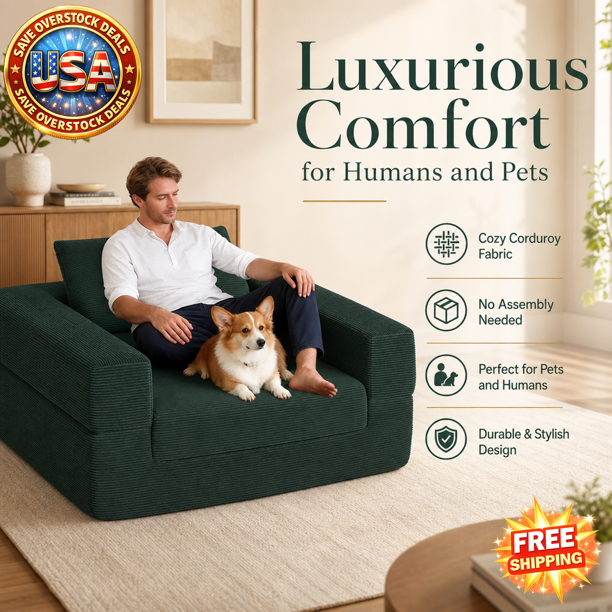 Compression Pet Sofa Bed for Adults & Pets, Corduroy