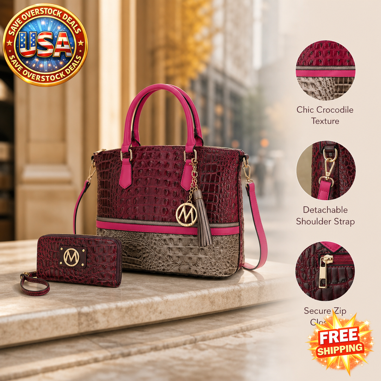 MKF Collection Crocodile Skin Tote Handbag with Wallet