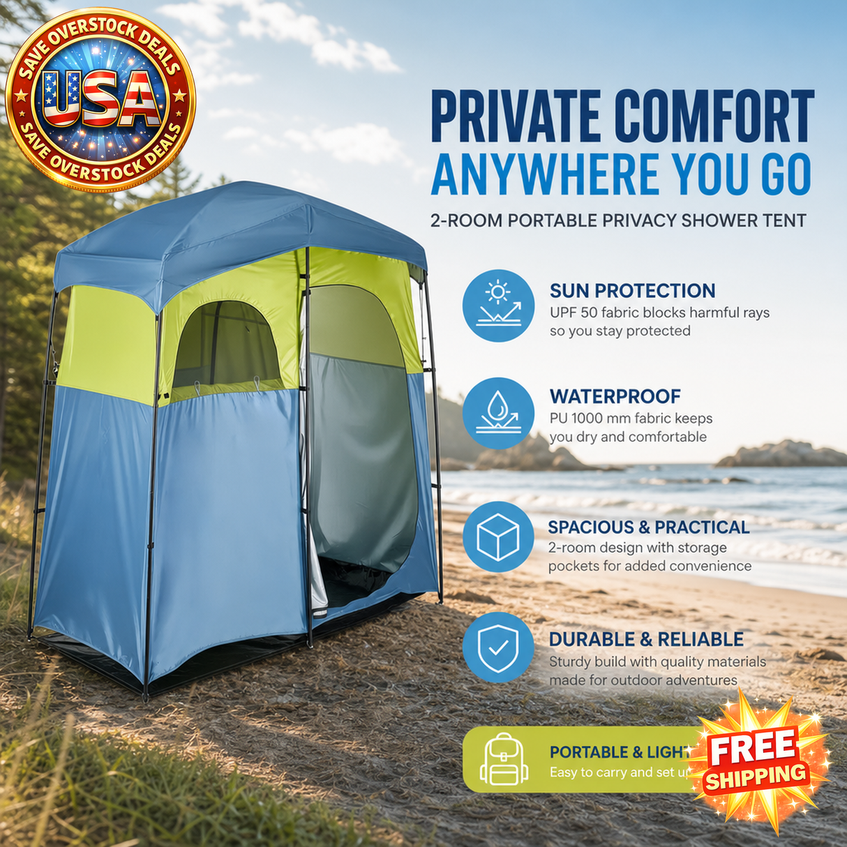 Portable Camping Shower Tent with Privacy, 2-Room, Waterproof, Easy Setup