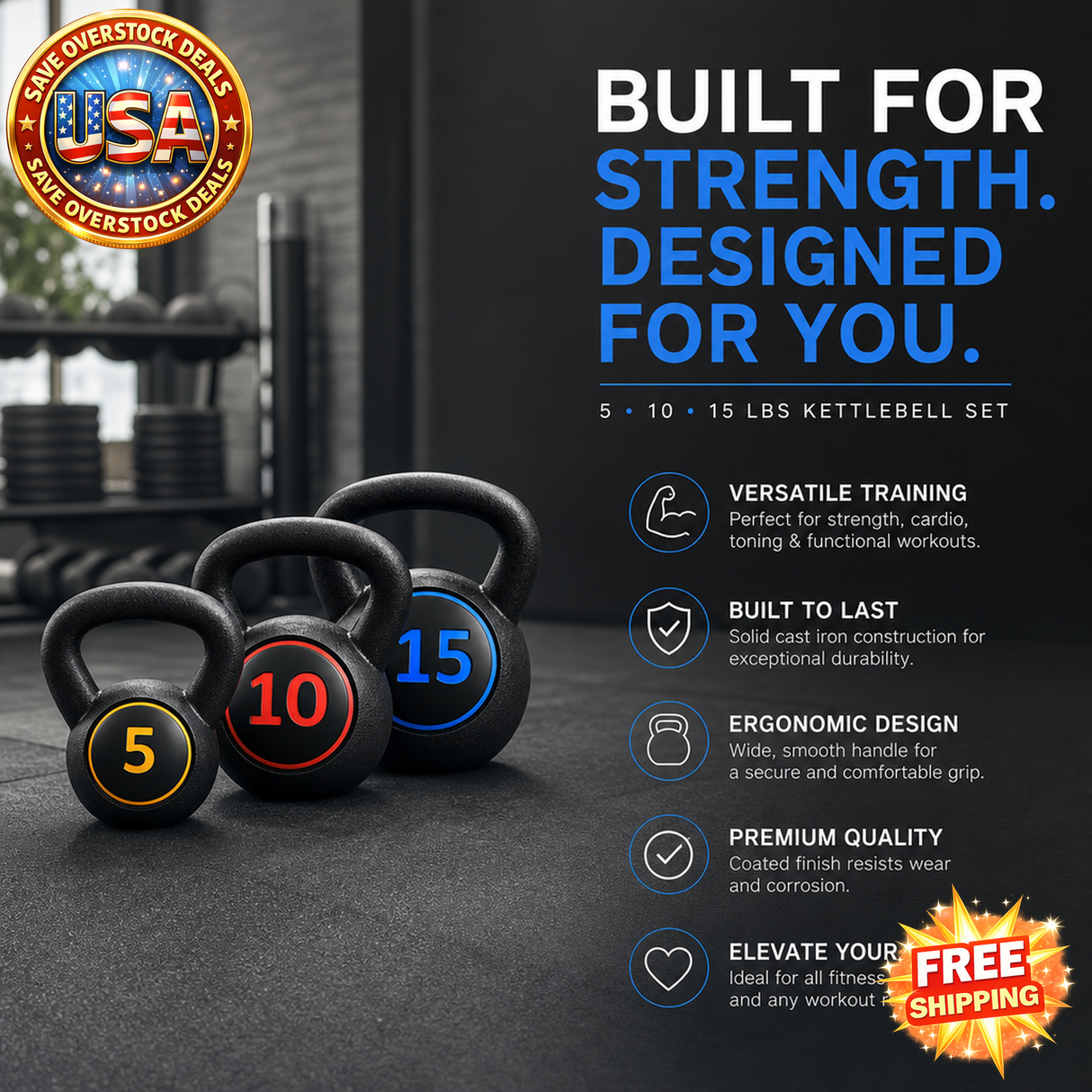 3 Piece Kettlebell Weight Set - 5, 10, 15lbs for Home Use