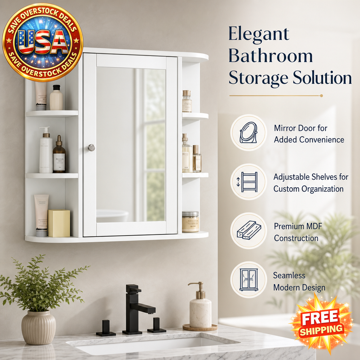 Bathroom Wall Storage Cabinet with Mirror & Adjustable Shelves
