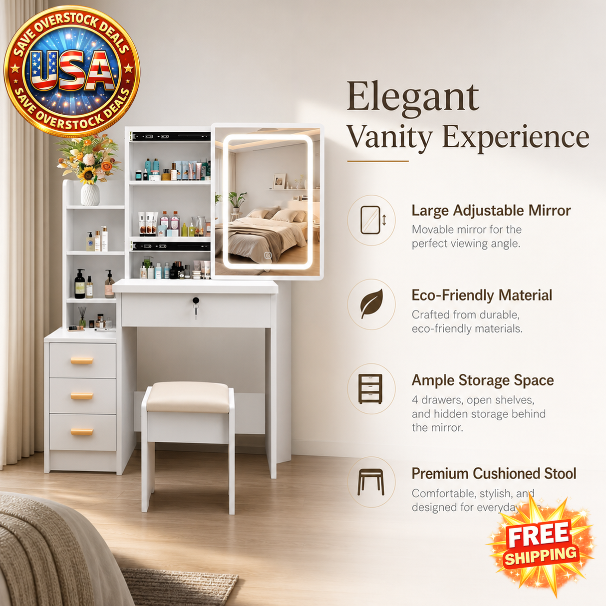 Vanity Table with Mirror and 3 Lighting Modes