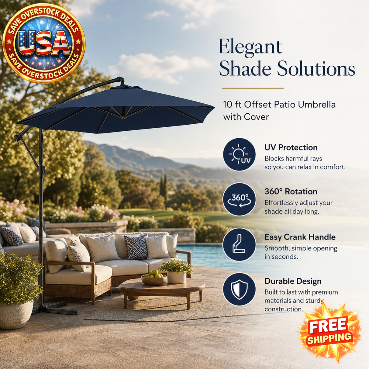 10 ft Offset Patio Umbrella with 360° Rotation, Navy Blue