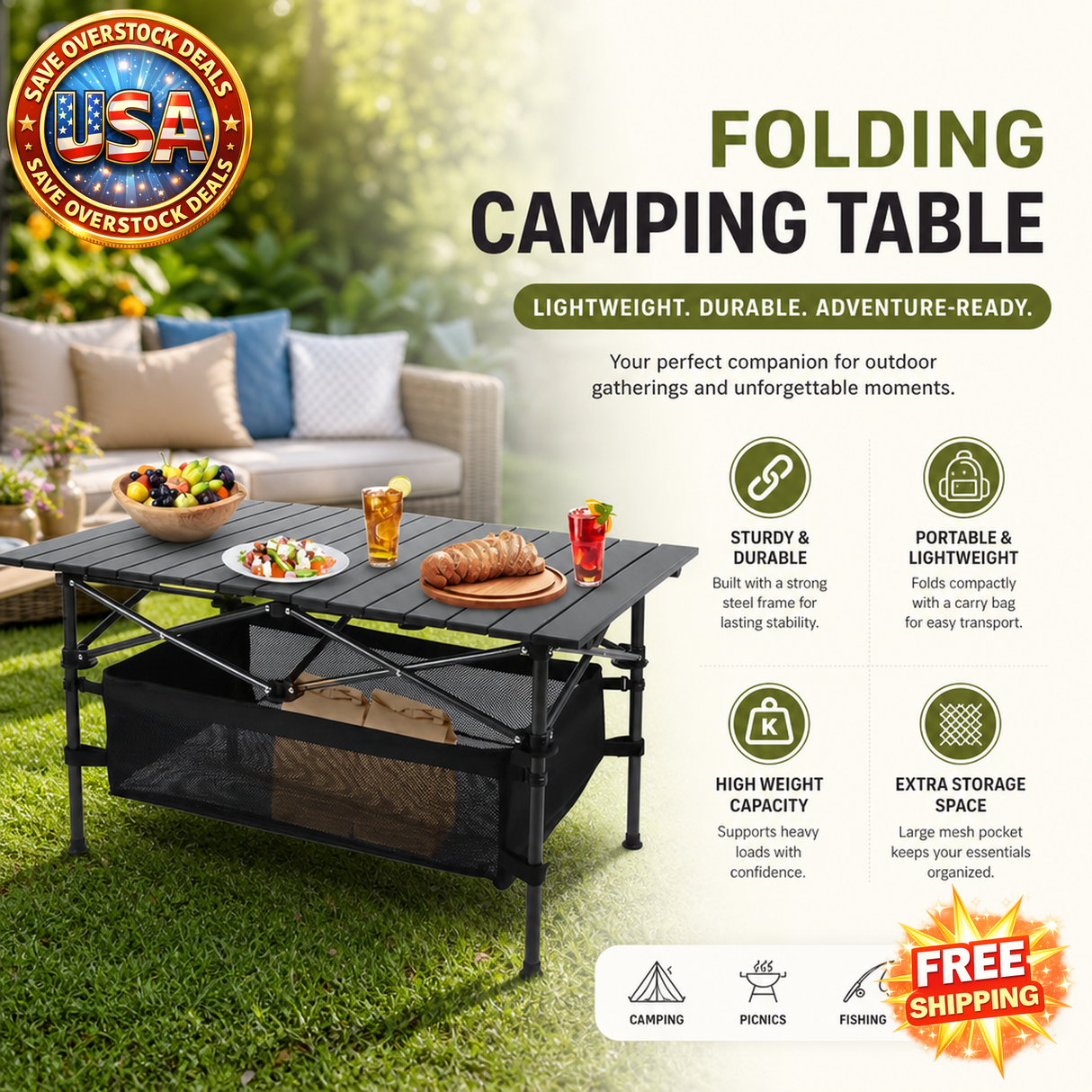 Folding Camping Table Portable Aluminum Roll-up BBQ Desk
