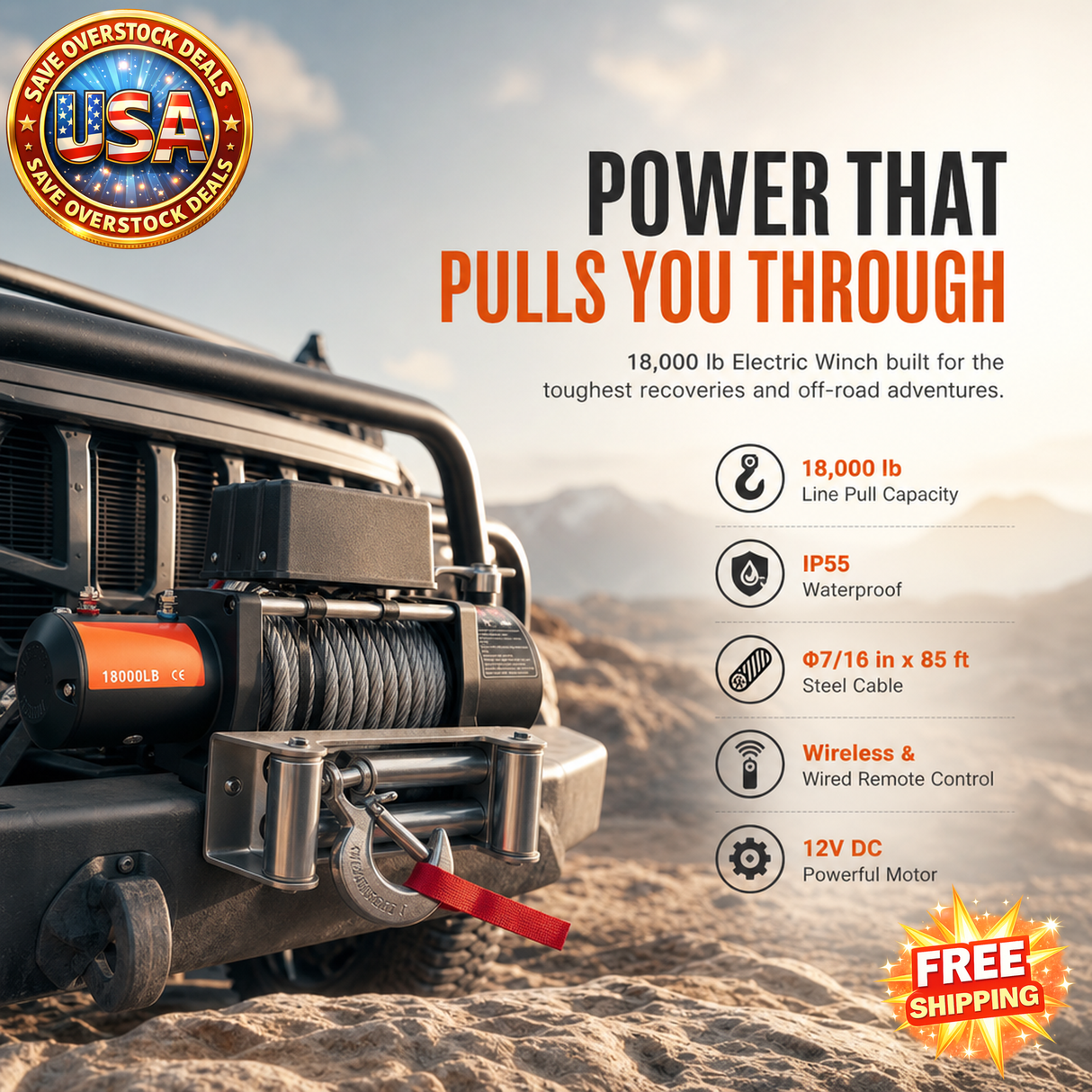 Electric Winch 18,000 lb 12V DC for Off-Road Towing