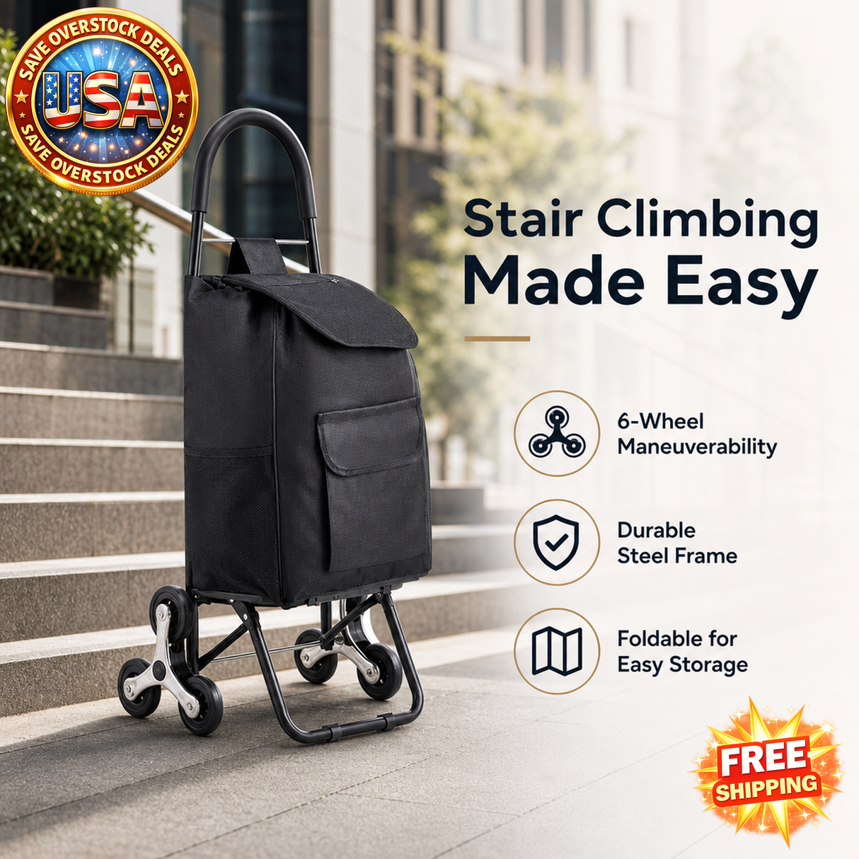 Stair Climber Trolley Dolly with 6 Wheels - Black