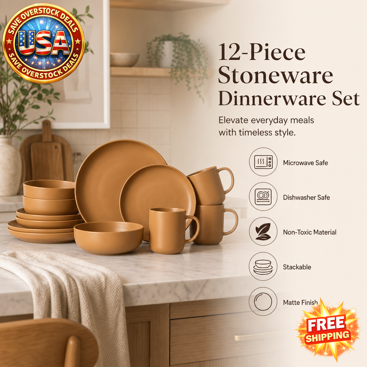 12-Piece Stoneware Dinnerware Set with Mugs - Microwave Safe