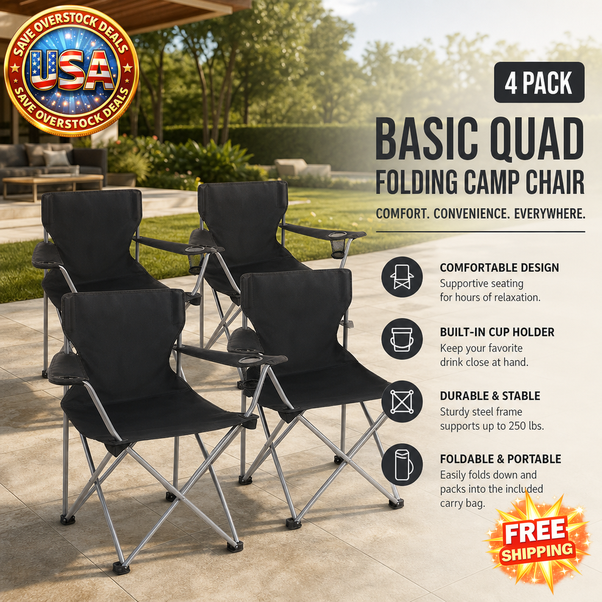 Basic Quad Folding Camp Chair with Cup Holder, 4 Pack