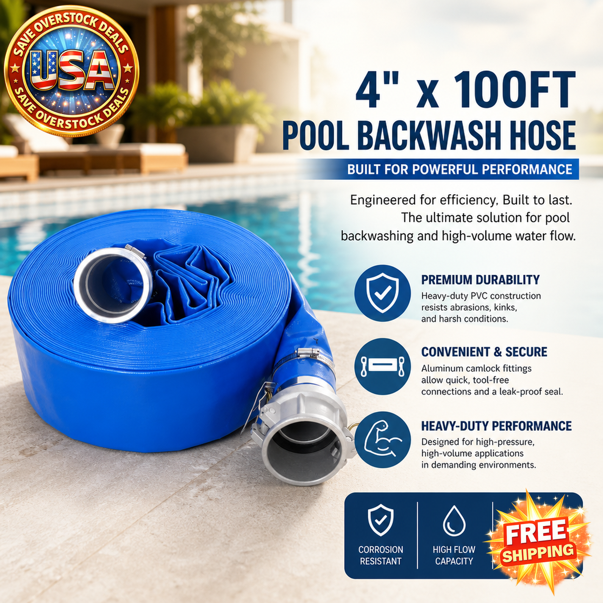 4"x100FT Heavy Duty Pool Backwash Hose with Camlock Fittings