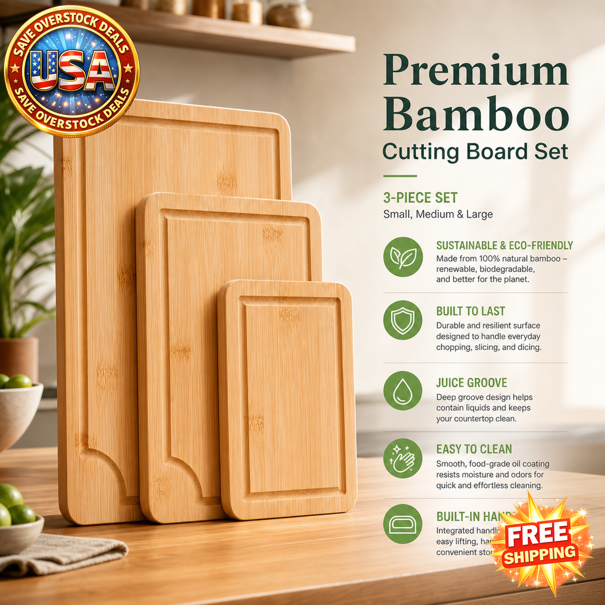 Bamboo Cutting Board Set, 3 Pieces with Juice Groove and Handle