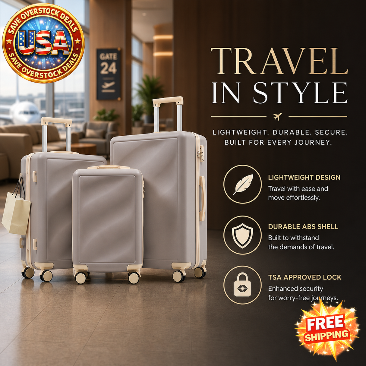 Lightweight 3 Piece Luggage Set with Spinner Wheels and TSA Lock