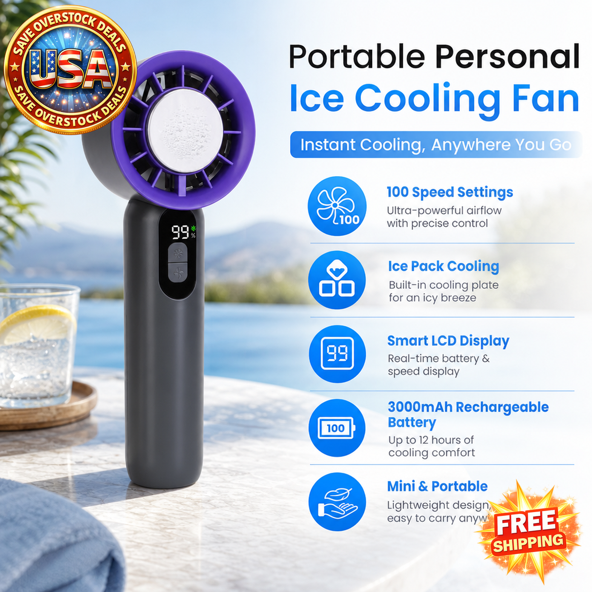 Portable Handheld Ice Cooling Fan with Adjustable Wind Speed