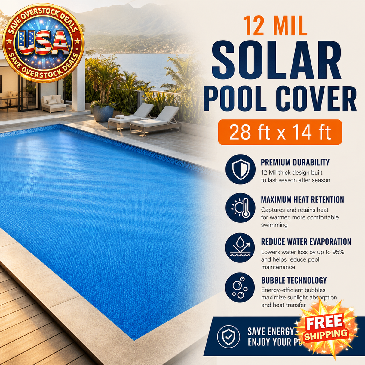 Solar Pool Cover 28 x 14 ft Rectangle 12 mil Blue Blanket