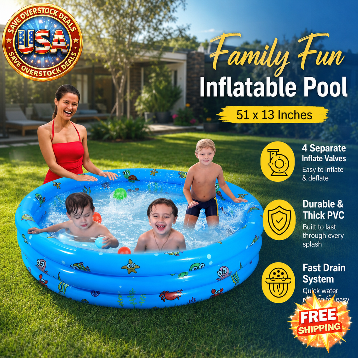 Inflatable Family Swimming Pool for Kids, 51x13In, Blue