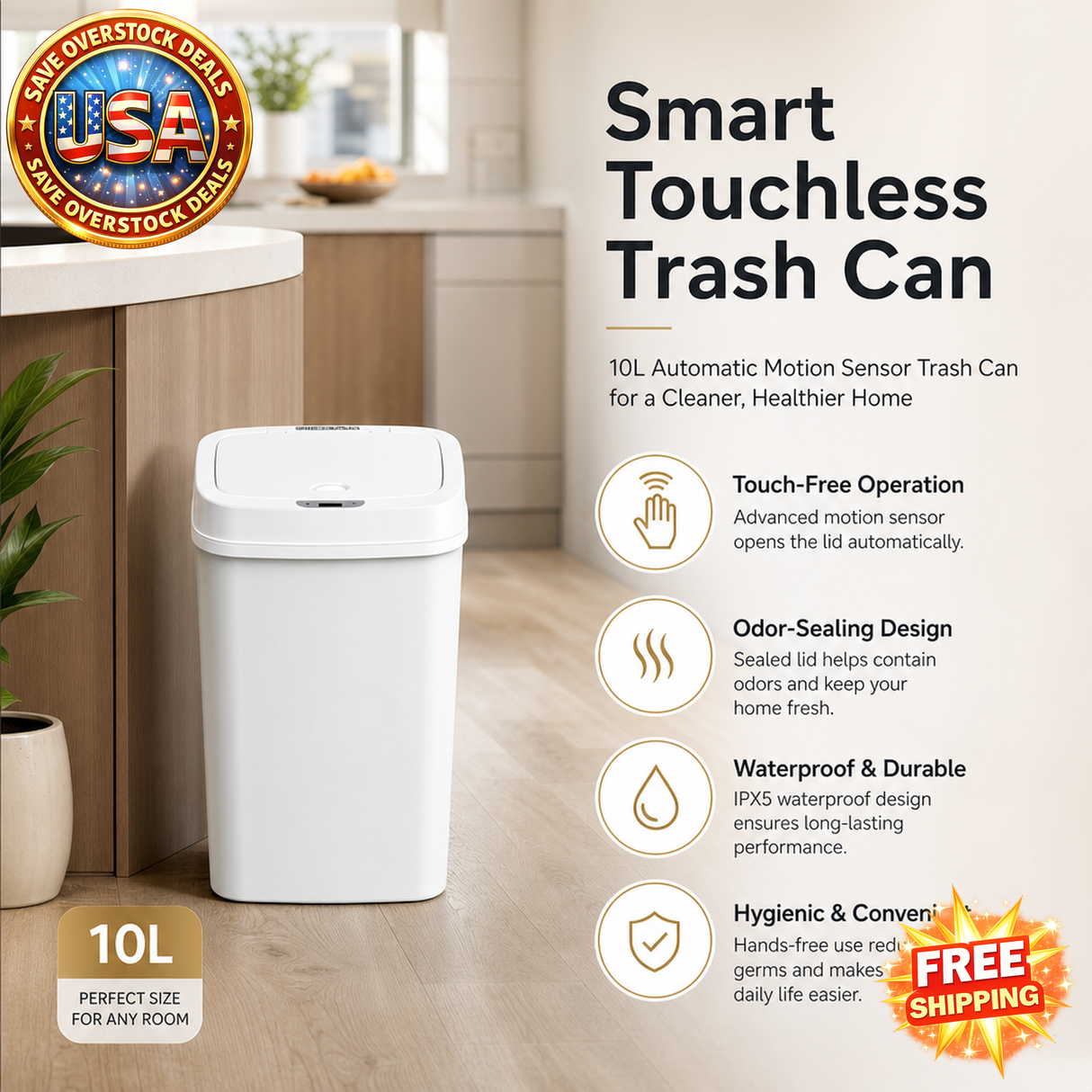 10L Touchless Motion Sensor Trash Can with Odor-Sealing Ring