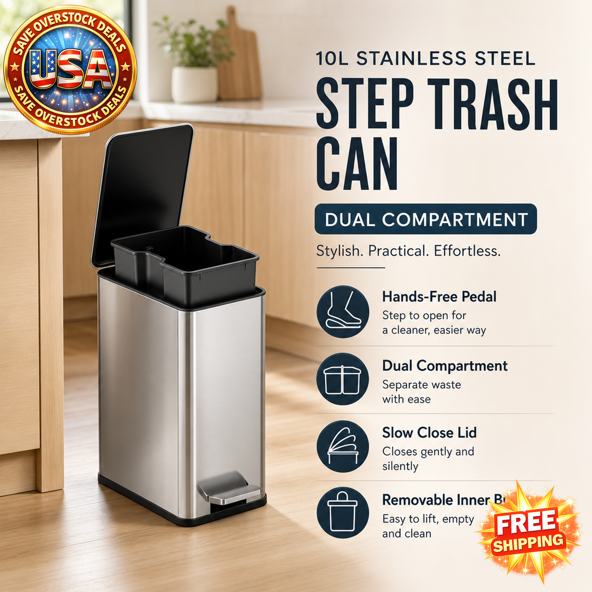 10L Stainless Steel Dual Compartment Trash Can with Hands-Free Pedal