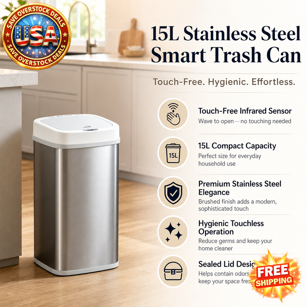 15L Touchless Stainless Steel Sensor Trash Can for Home Use