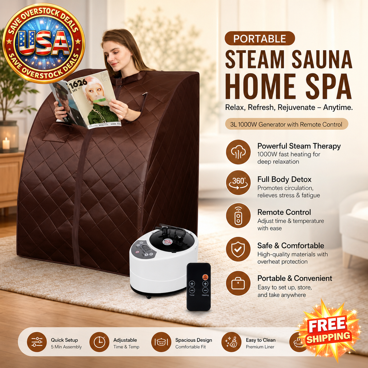 Portable Full Body Sauna Set with 3L Steamer & Remote Control