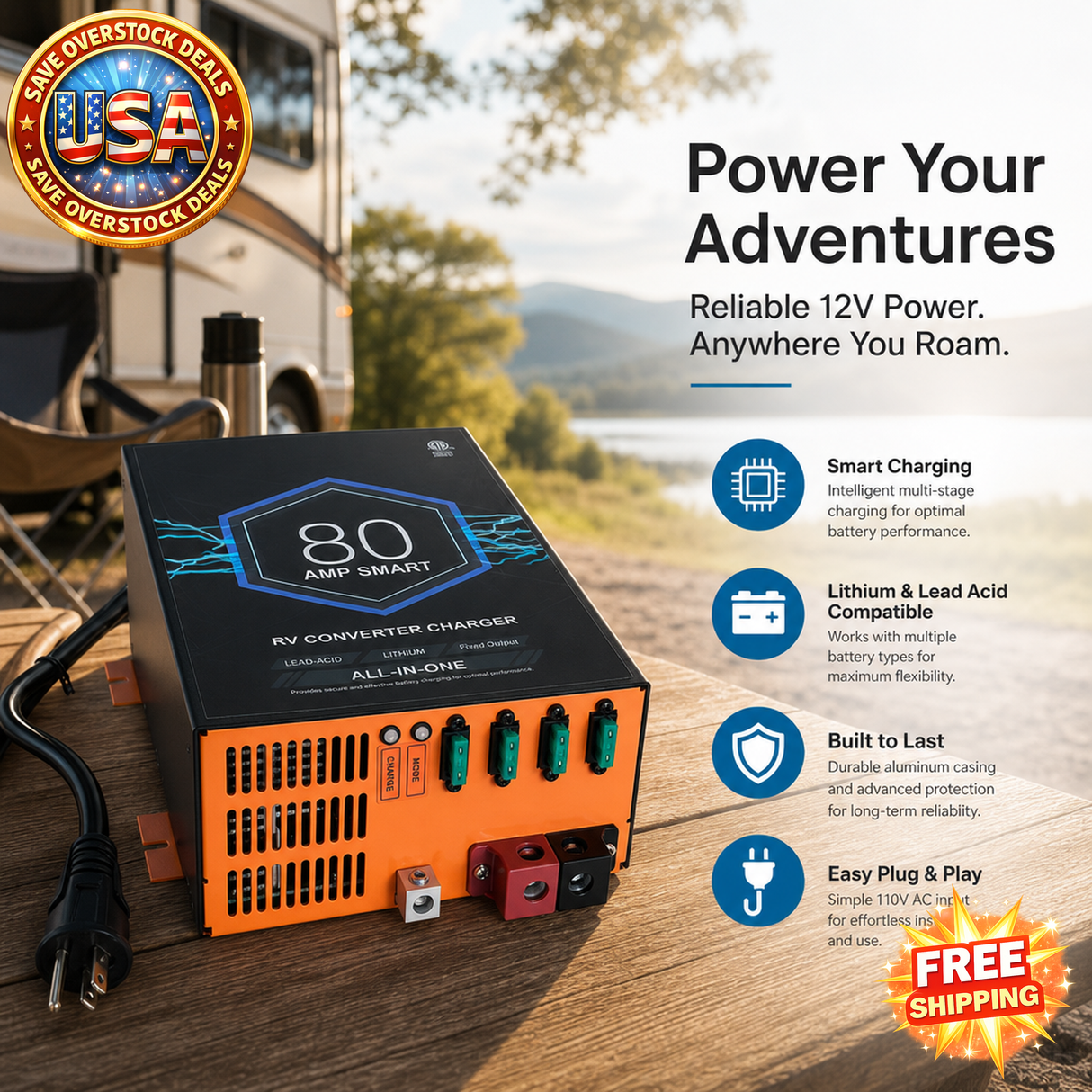 80 Amp RV Power Converter Battery Charger, 110V AC to 12V DC