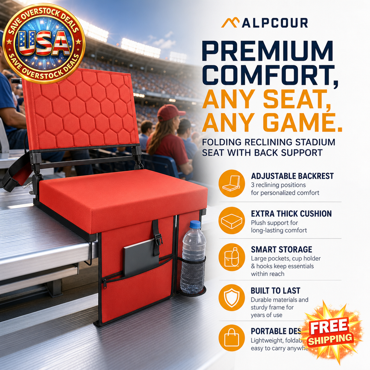 Alpcour Folding Reclining Stadium Seat with Back Support