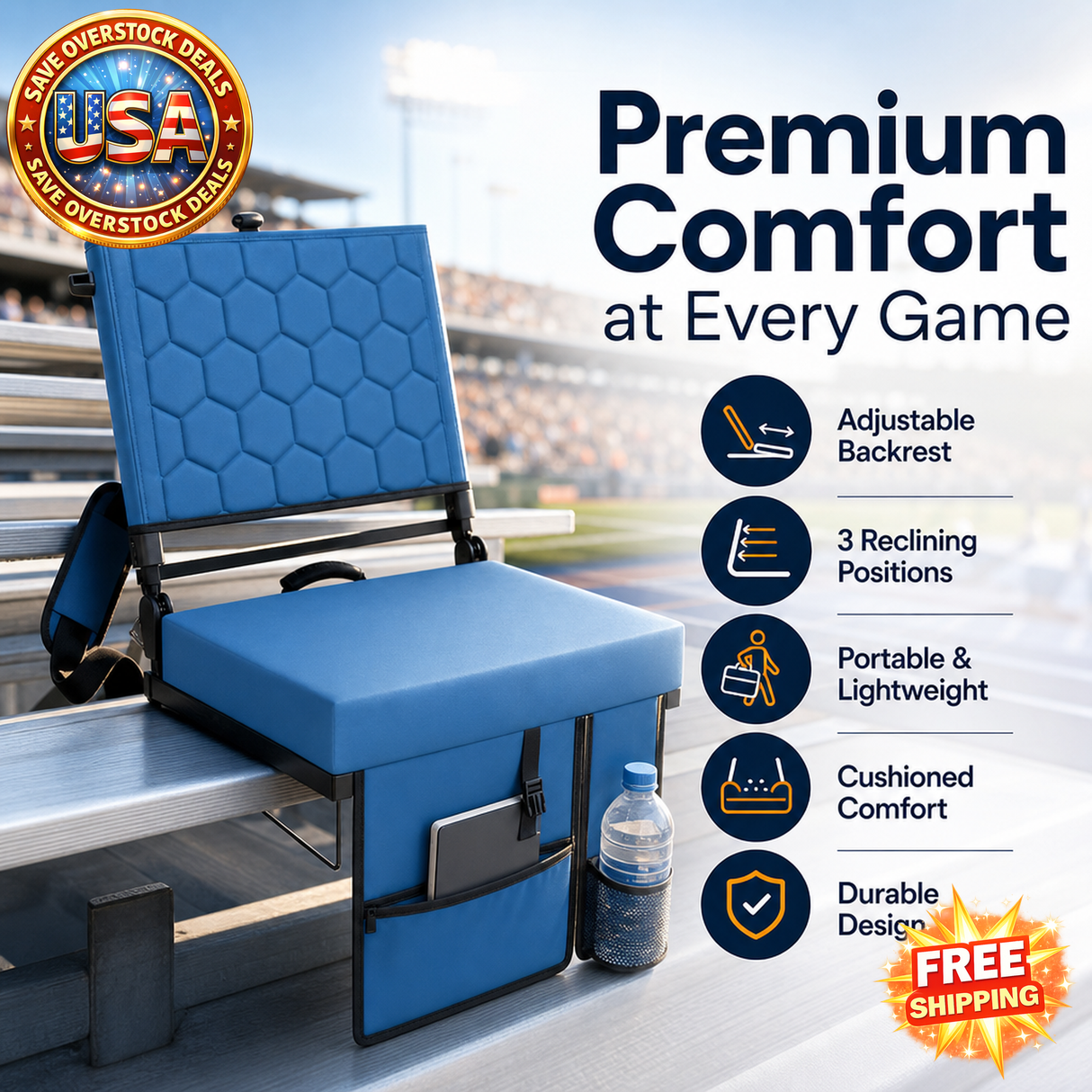 Folding Reclining Stadium Seat with Back Support for Bleachers