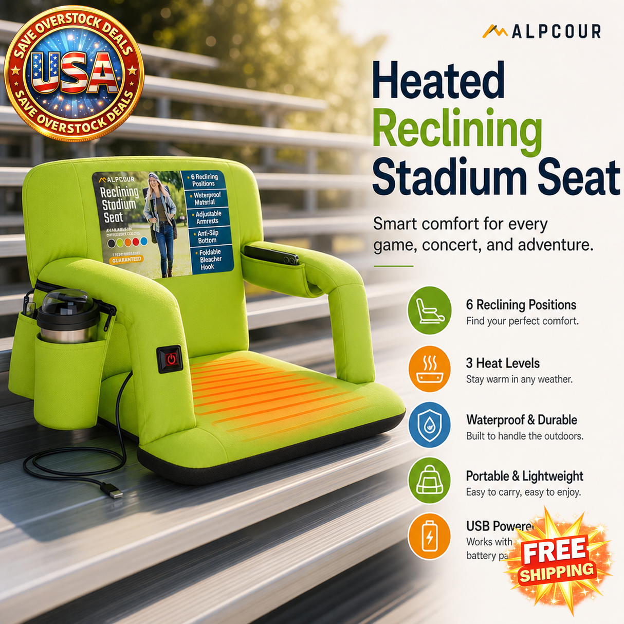 Heated Folding Stadium Seat with Back Support for Comfort