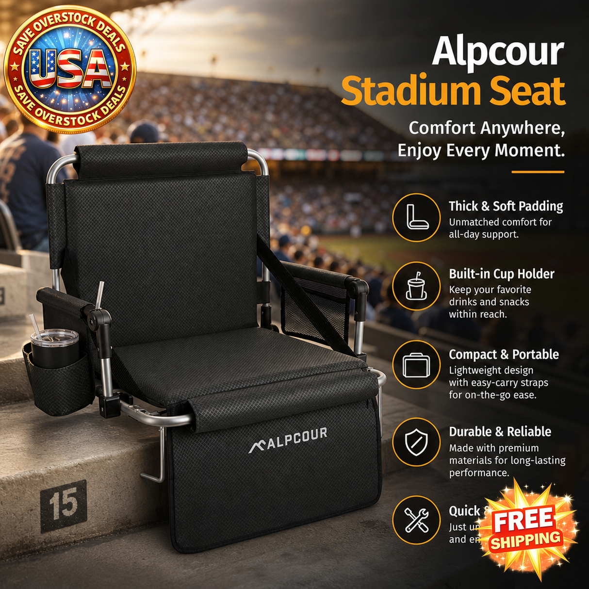 Alpcour Foldable Padded Stadium Seat with Backrest and Cup Holder