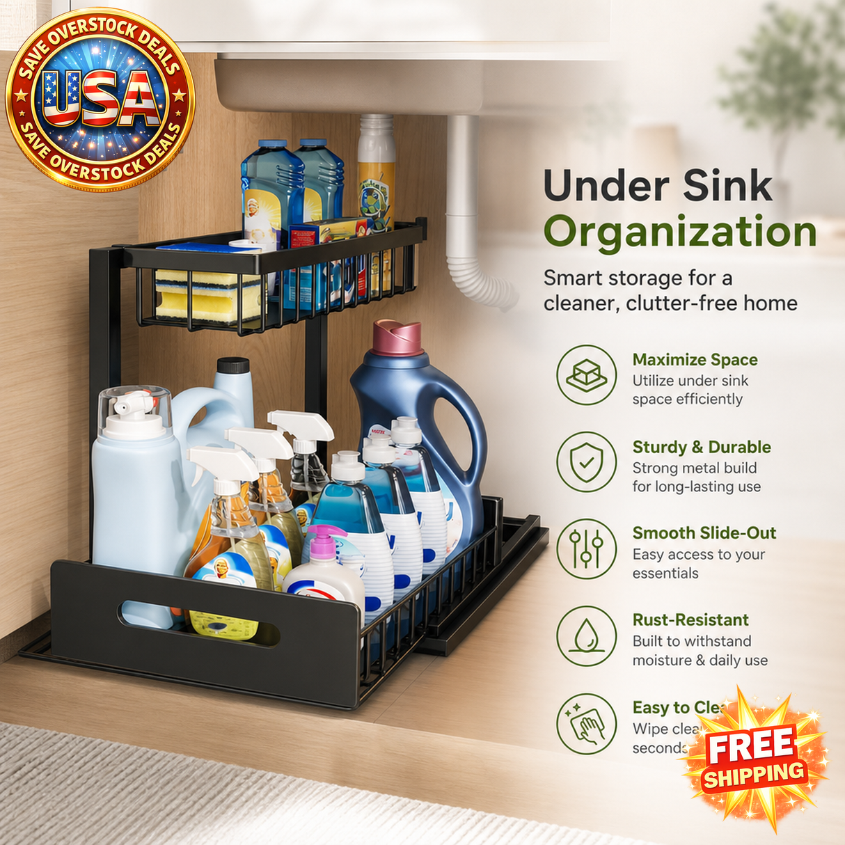 Kitchen Rack for Sink Organization and Storage, 1/2pcs, Metal Sliding Drawer
