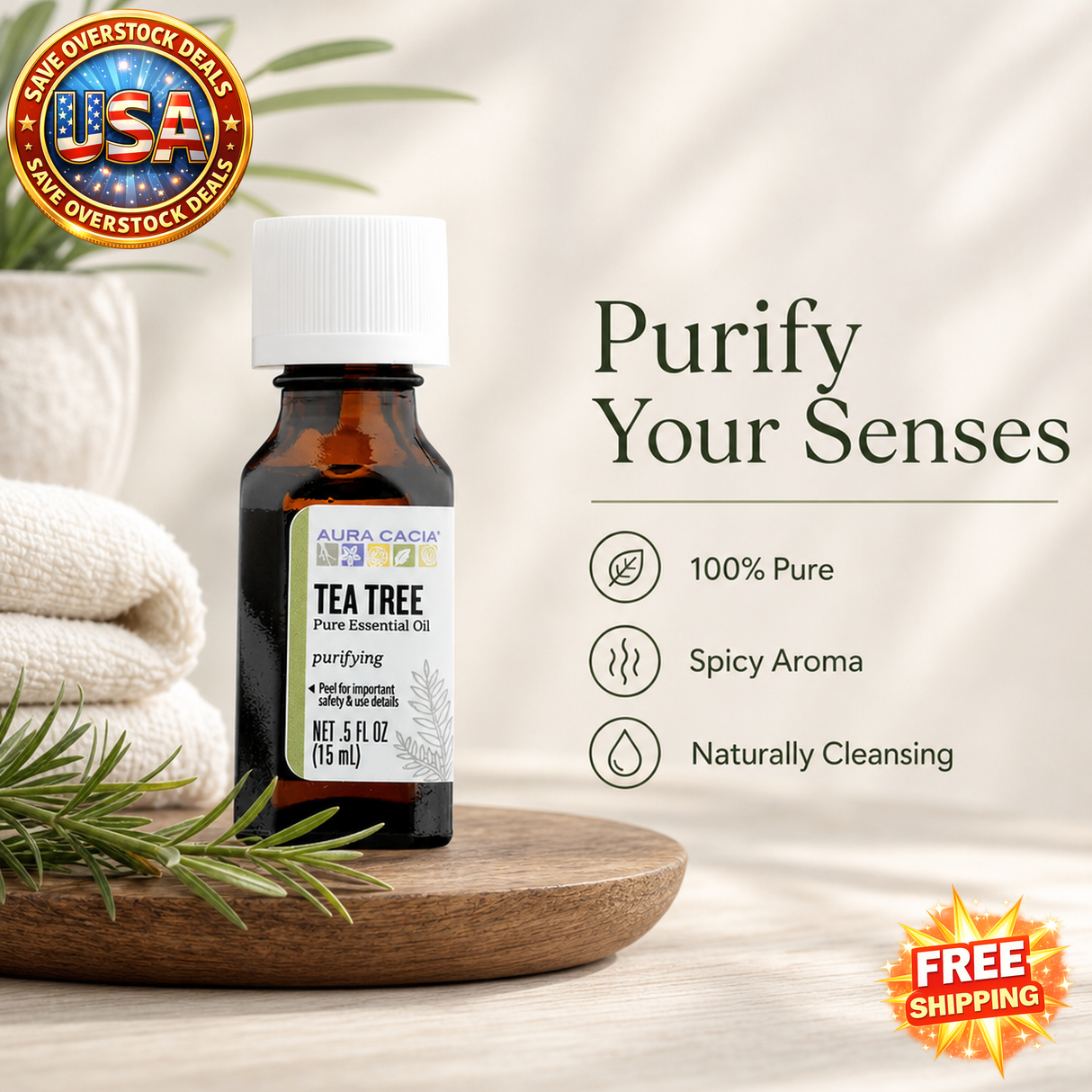 Aura Cacia Tea Tree Essential Oil, 0.5 Fl Oz, Pure Oil