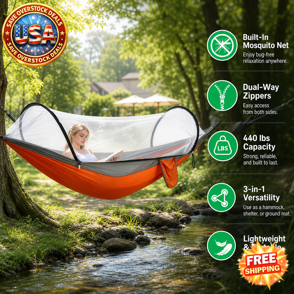 Portable Camping Hammock with Mosquito Net, 440lbs Capacity