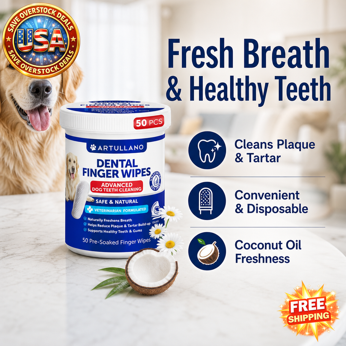 Dog Teeth Cleaning Wipes - 50 Disposable Finger Toothbrushes