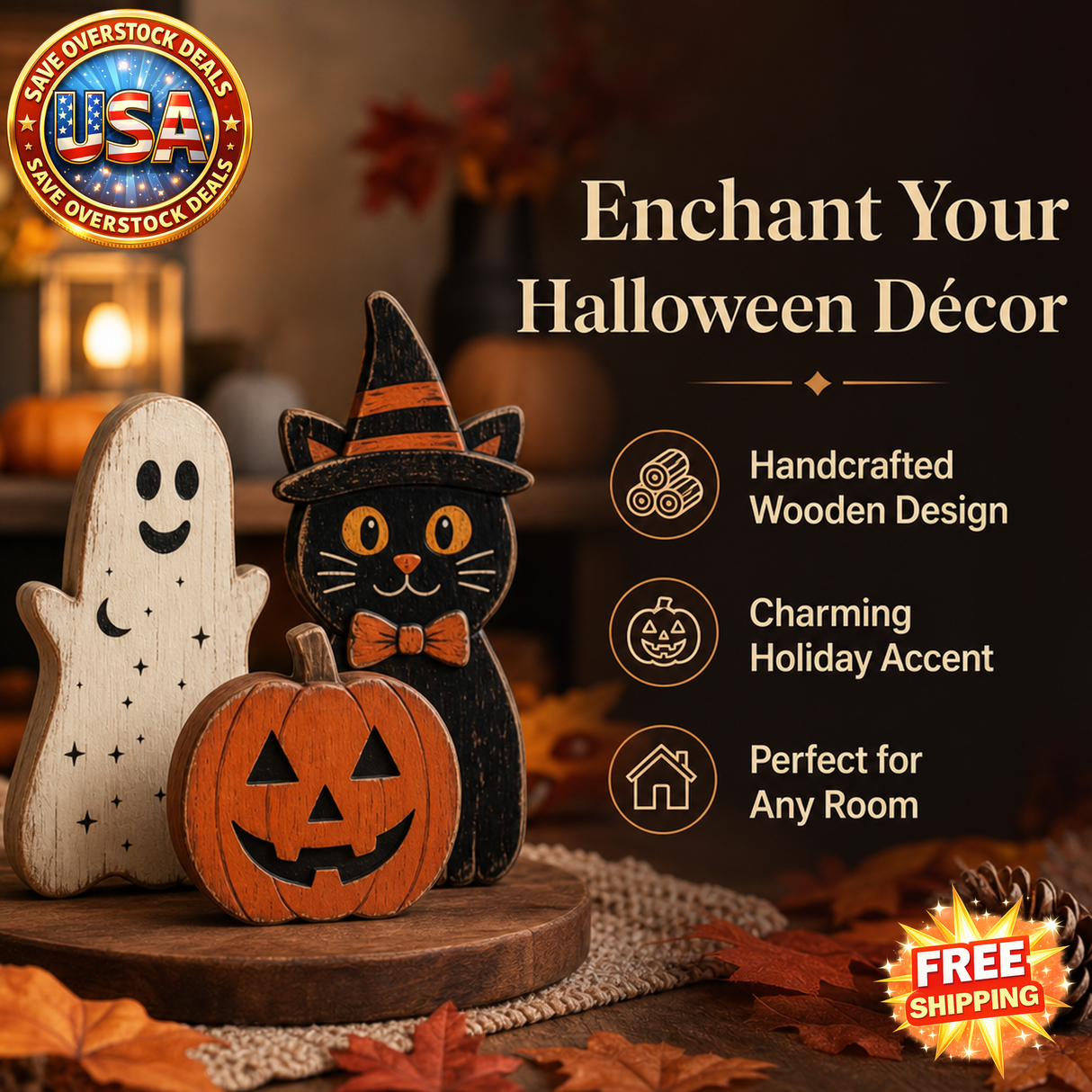 Halloween Wooden Pumpkin Ghost Black Cat Ornament Decoration