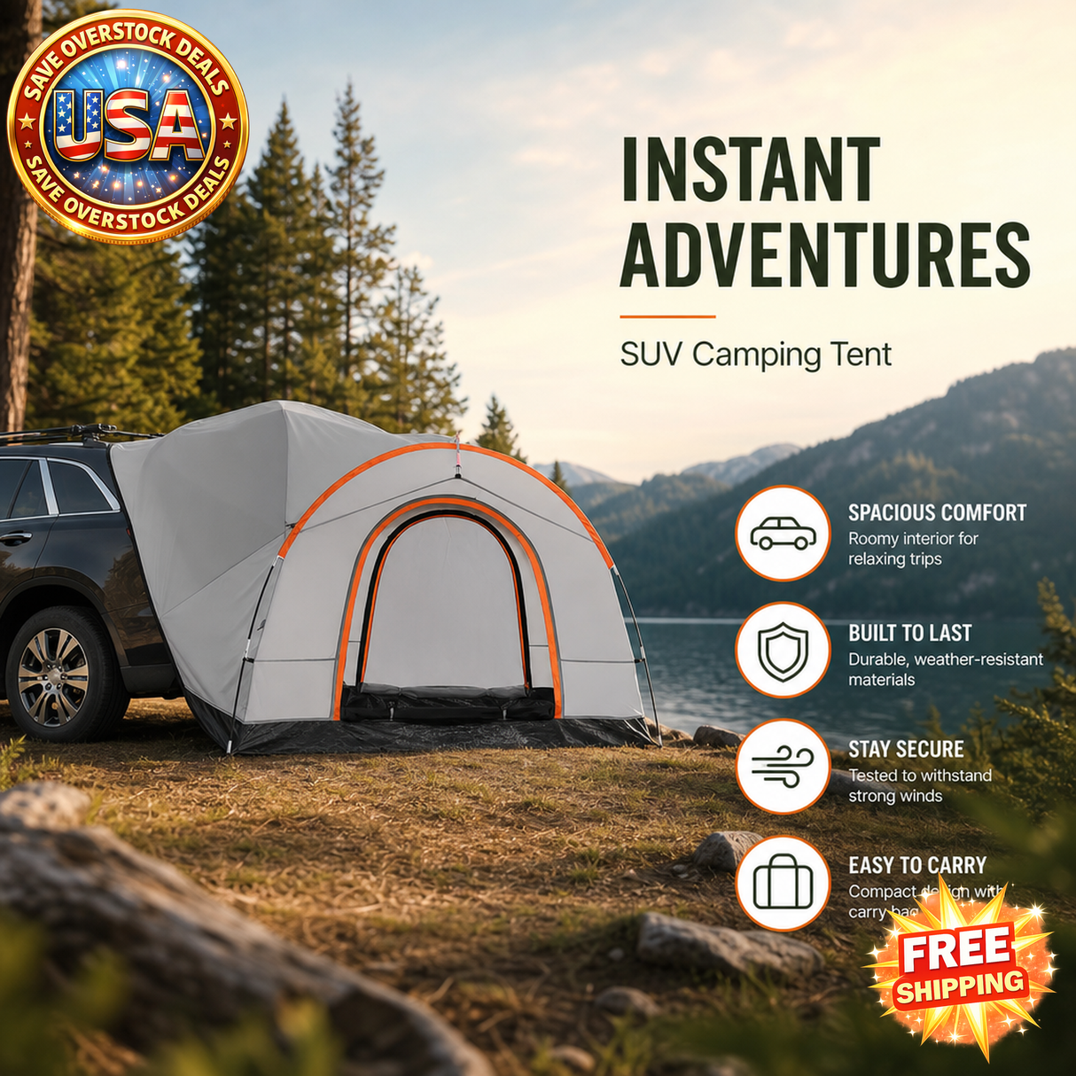 SUV Tent Attachment for Camping, Accommodates 6-8 Persons, Includes Carry Bag