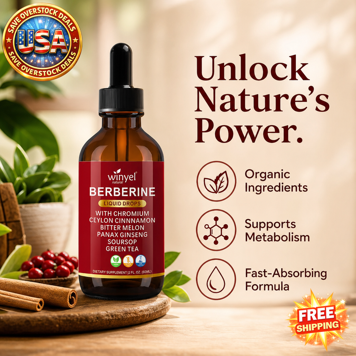 WINYEL Organic Ceylon Cinnamon Berberine Liquid Drops Supplement