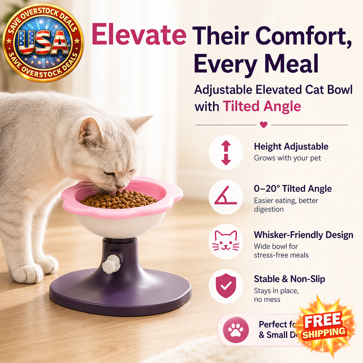 Adjustable Elevated Cat Bowl with Tilted Angle for Cats