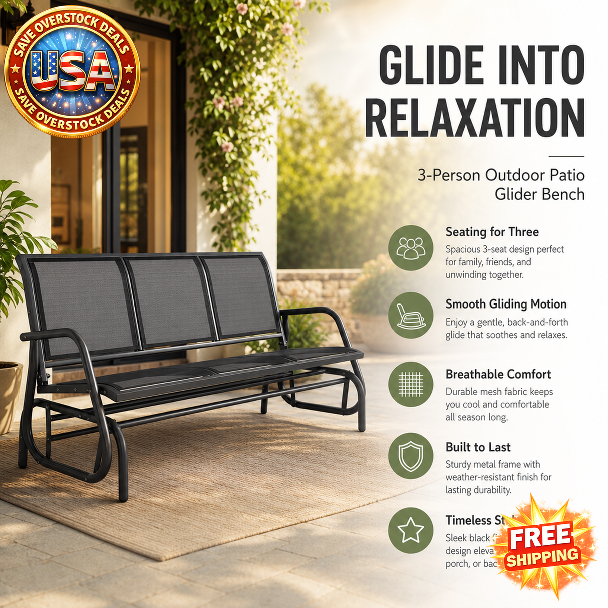 3-Person Outdoor Patio Glider Bench with Metal Frame, Black