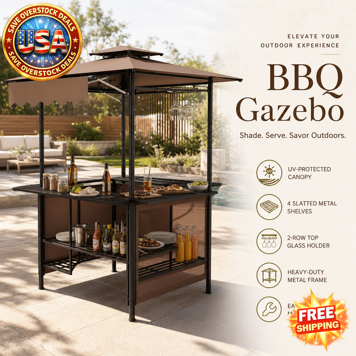 BBQ Gazebo Canopy with Metal Shelves and Hooks for Patio