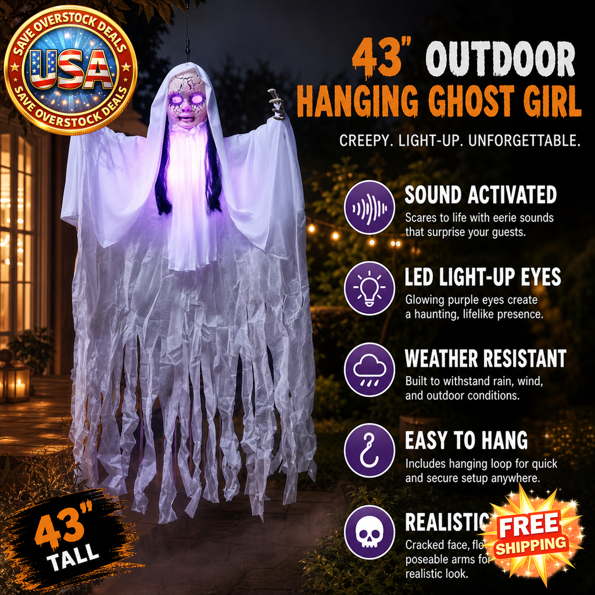 43" Hanging Ghost Decor with Light-up Head for Halloween