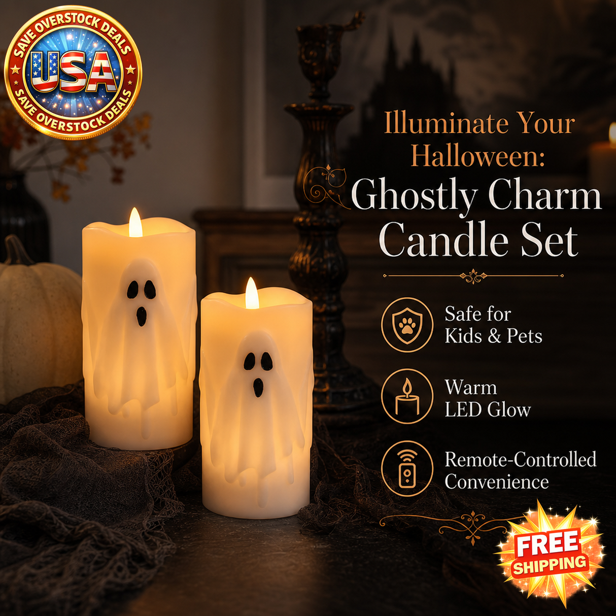 Halloween Flameless Pillar Candles with Remote Timer, 2 Pack