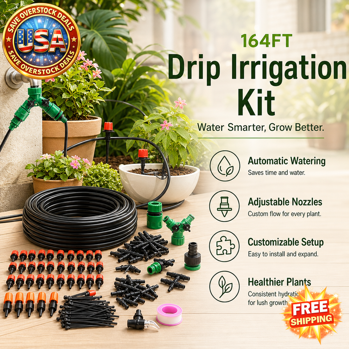 164FT Drip Irrigation Kit for Automatic Garden Watering System